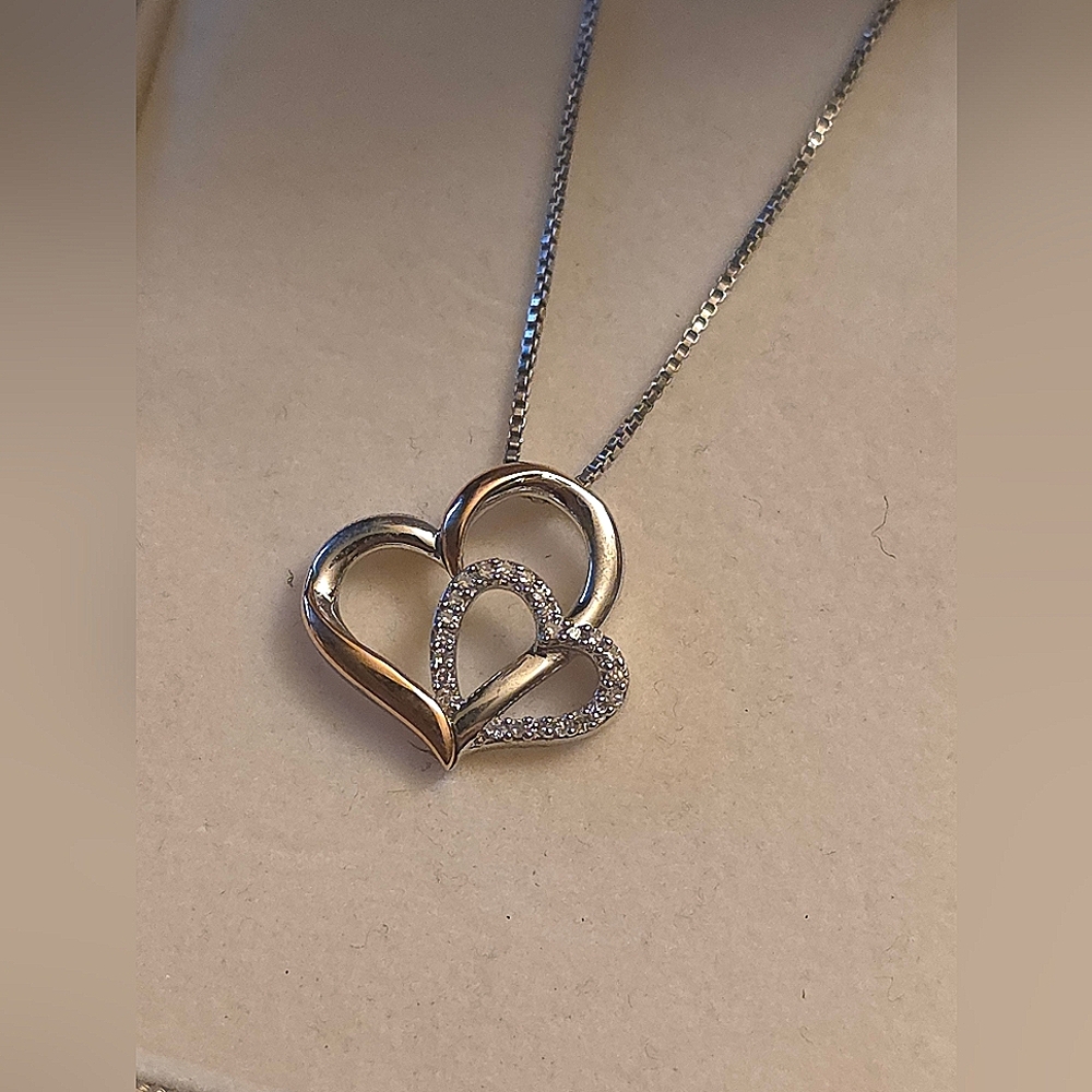 14k Gold And 925 Silver | Diamond | Double HEART Necklace | Like NEW!
